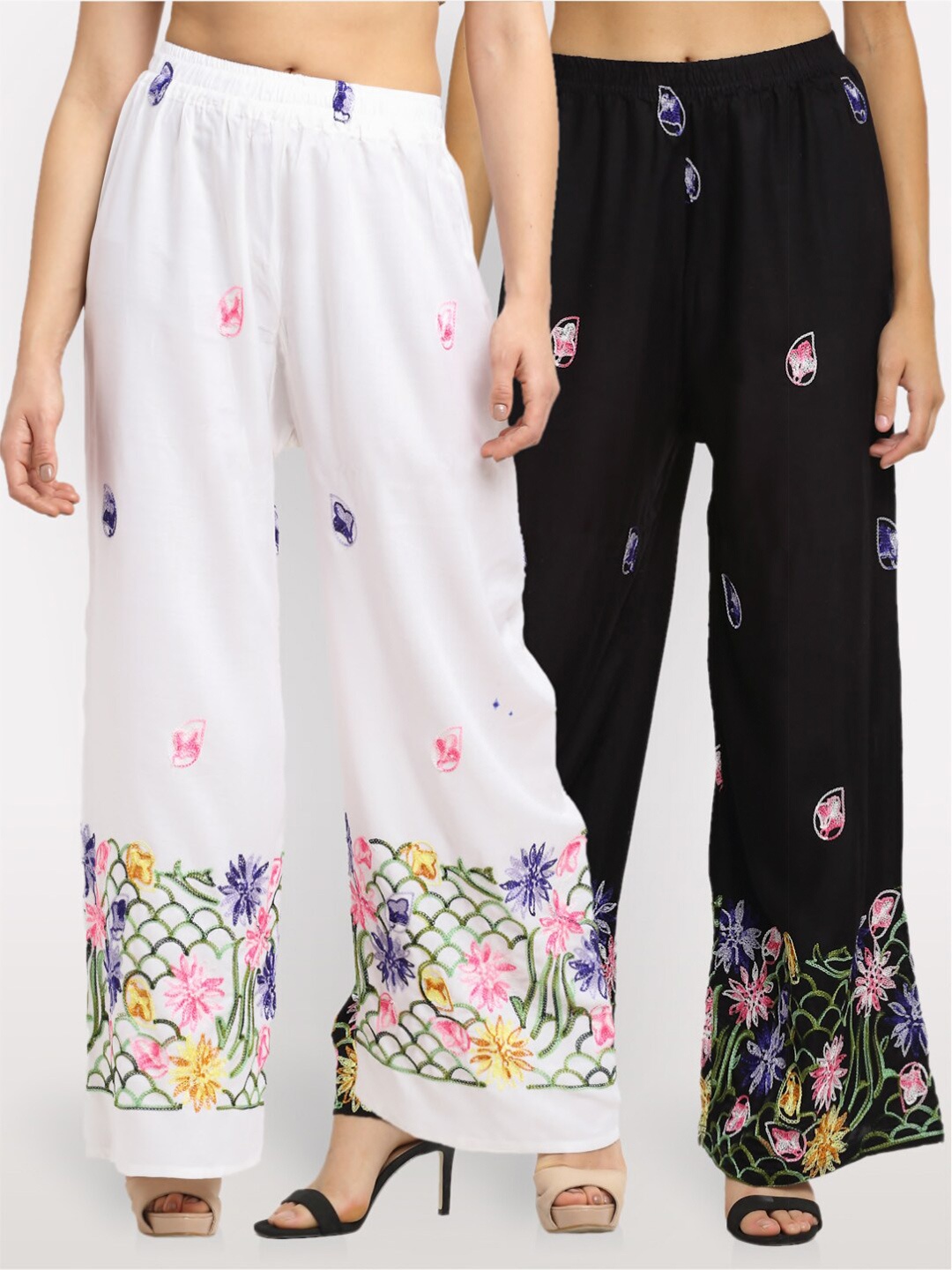 

NEUDIS Women Pack of 2 White & Black Floral Embroidered Ethnic Palazzos