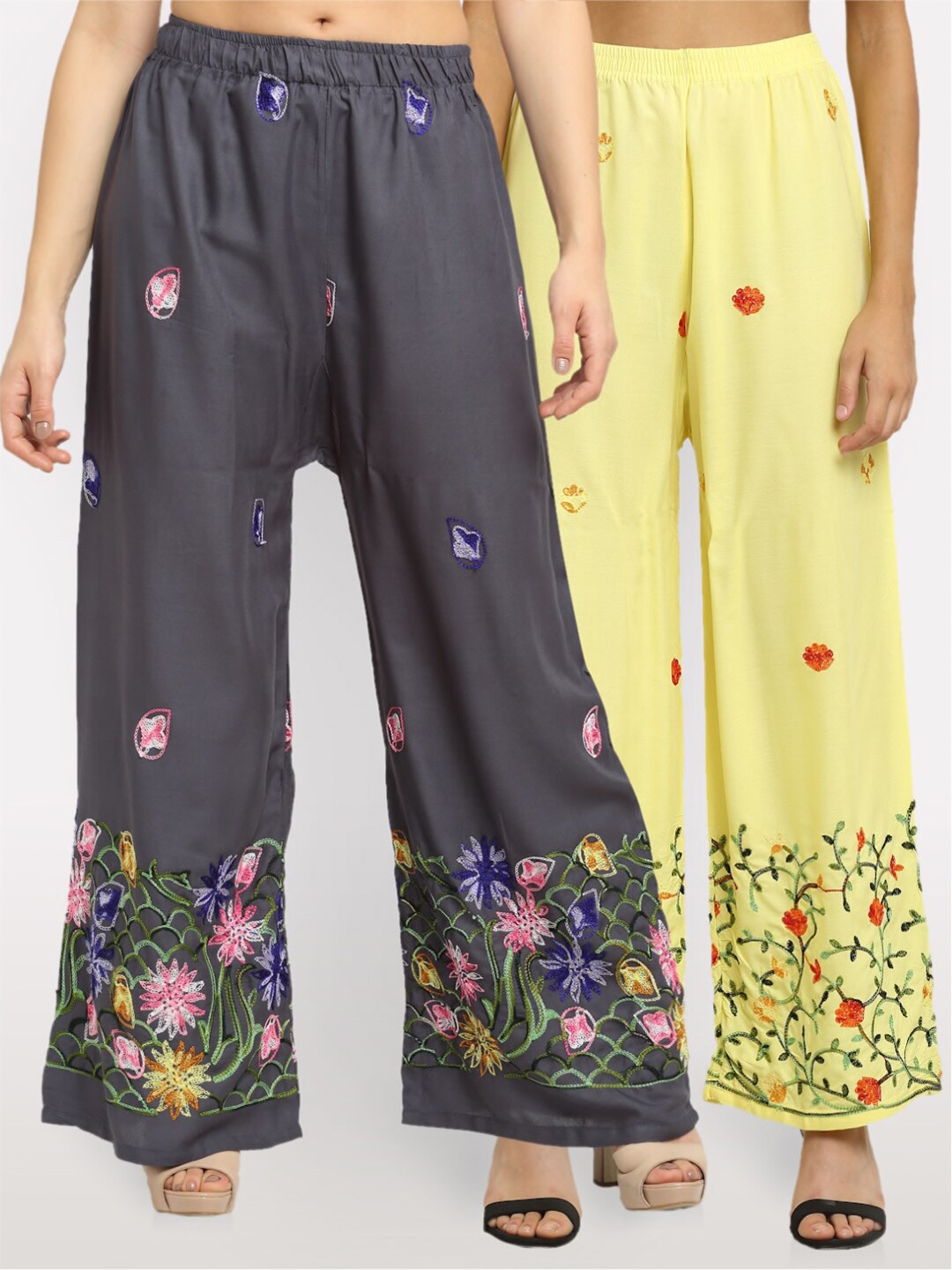 

NEUDIS Women Pack of 2 Grey & Yellow Floral Embroidered Ethnic Palazzos