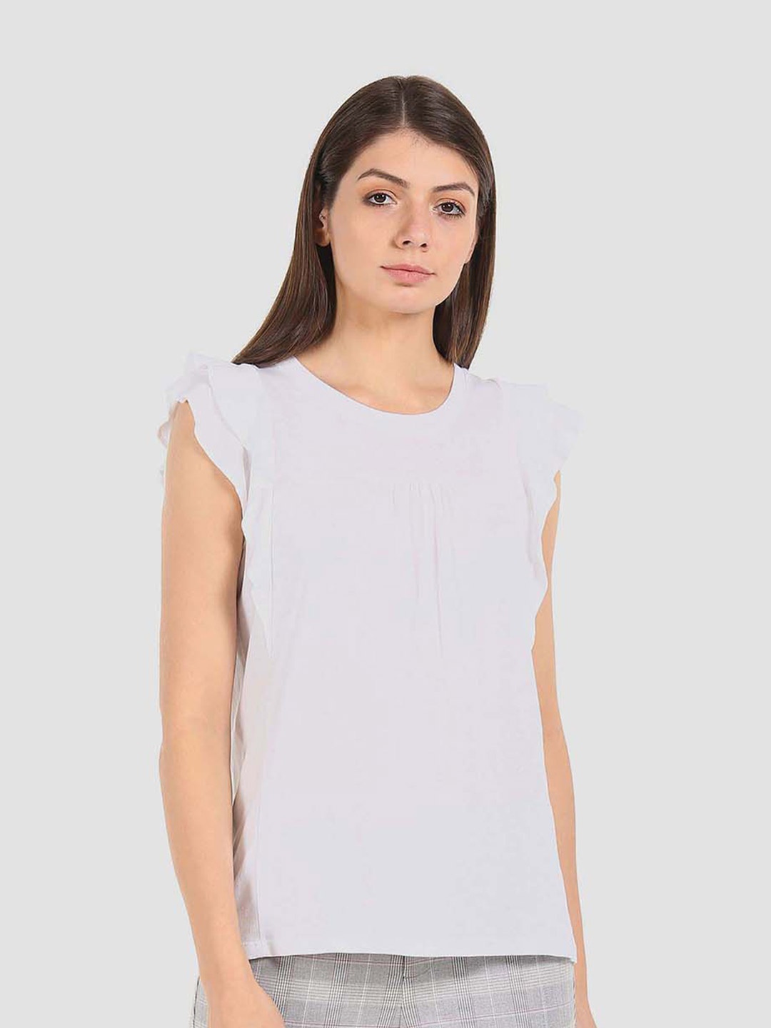 

Aeropostale White Solid Flutter Sleeves Regular Top