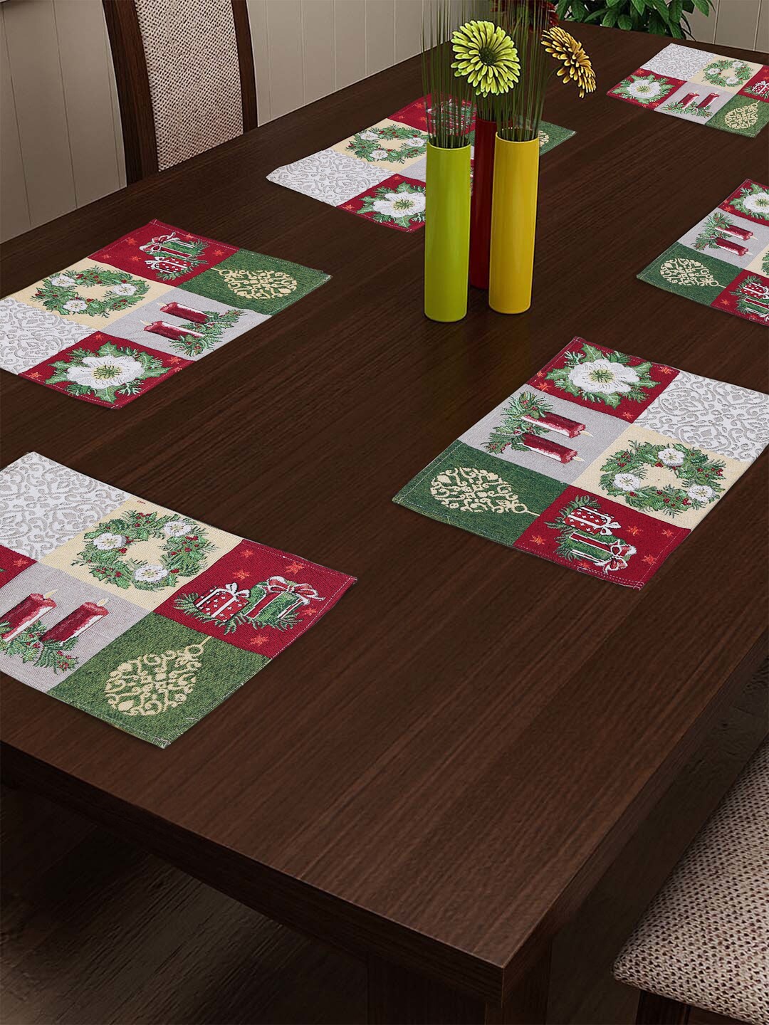 

Arrabi Set Of 6 Grey & Red Printed Table Mats