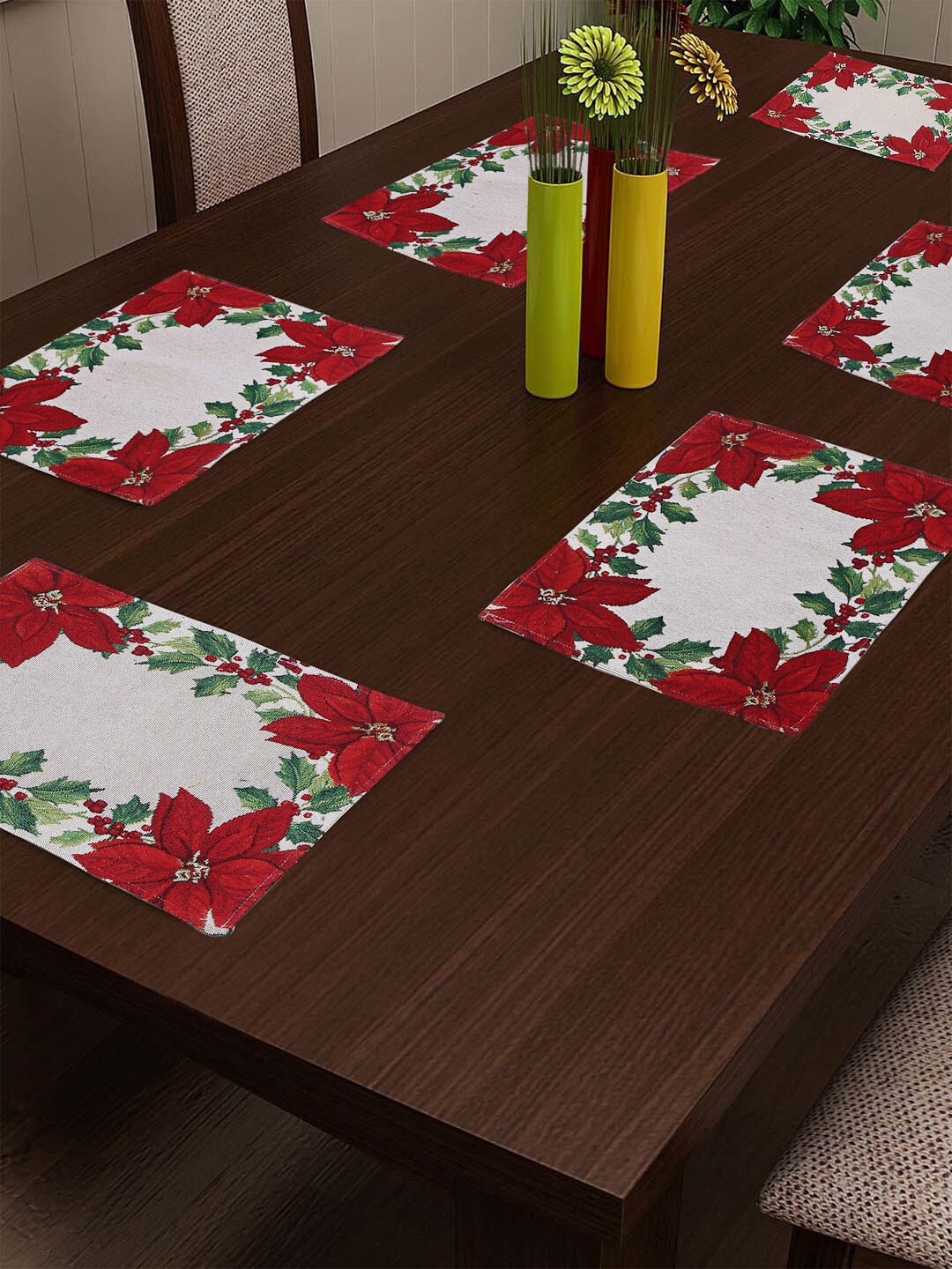 

Arrabi Set Of 6 Red & White Floral Printed Table Placemats