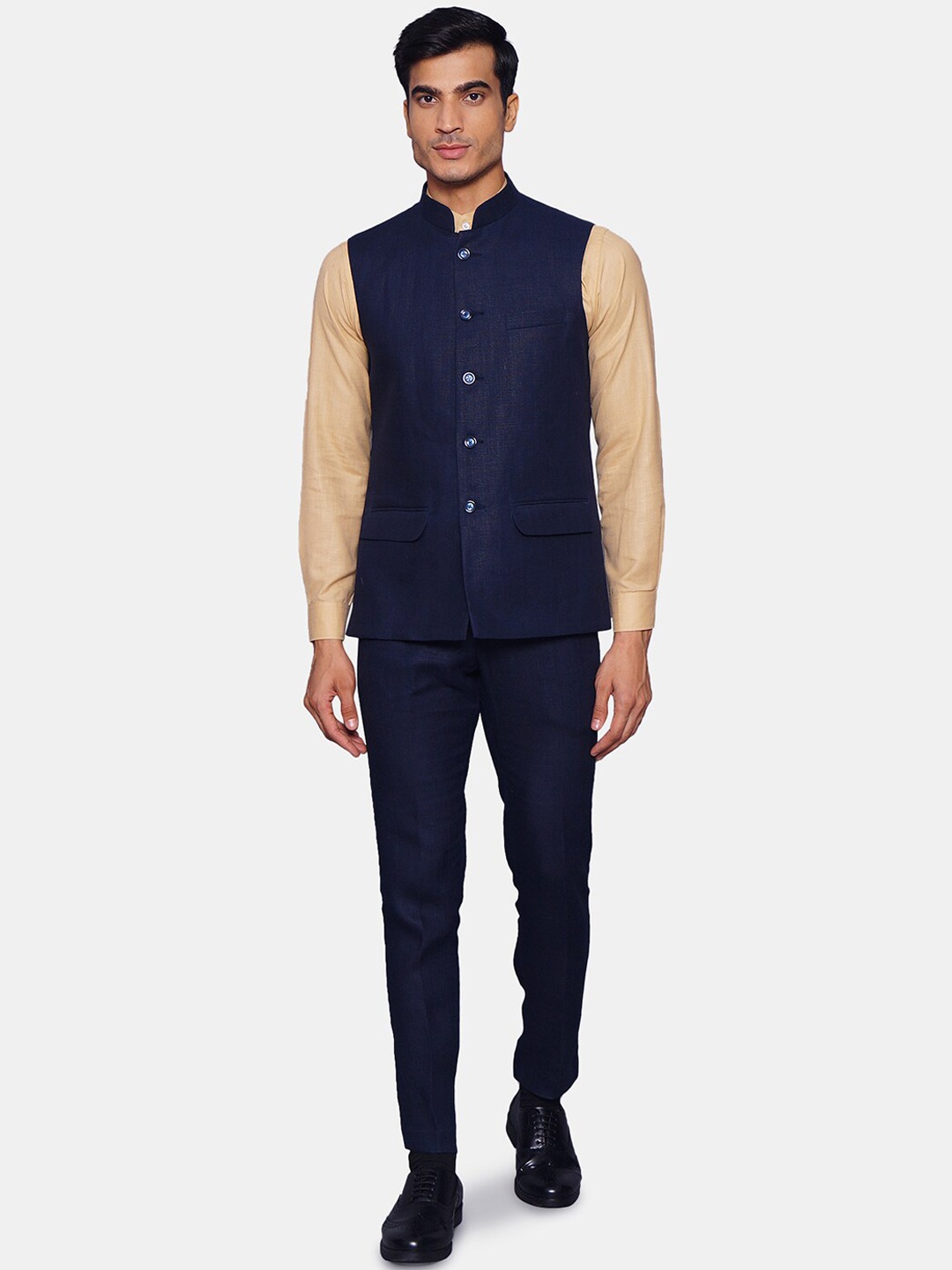 

Wintage Men Navy Blue Solid Linen Bandhgala Formal Suit