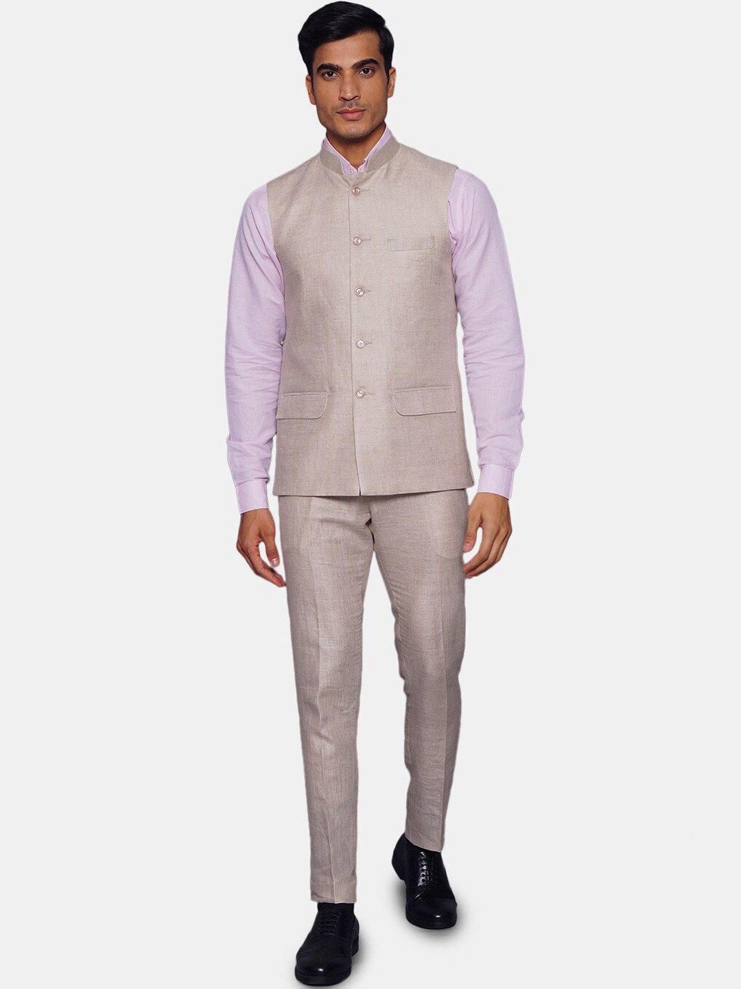 

Wintage Men Cream-Coloured Solid Bandhgala Two-Piece Formal Suit