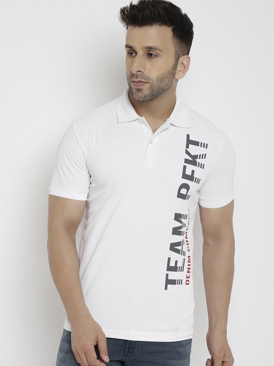 

PERFKT-U Men White & Grey Typography Printed Hydra-Cool Polo Collar T-shirt