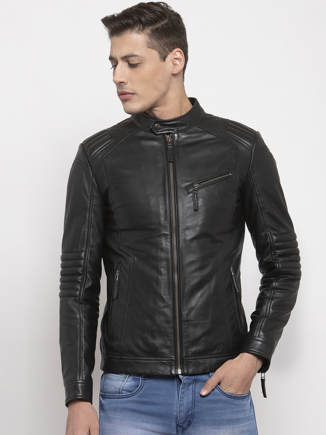 

WELBAWT Men Black Leather Jacket