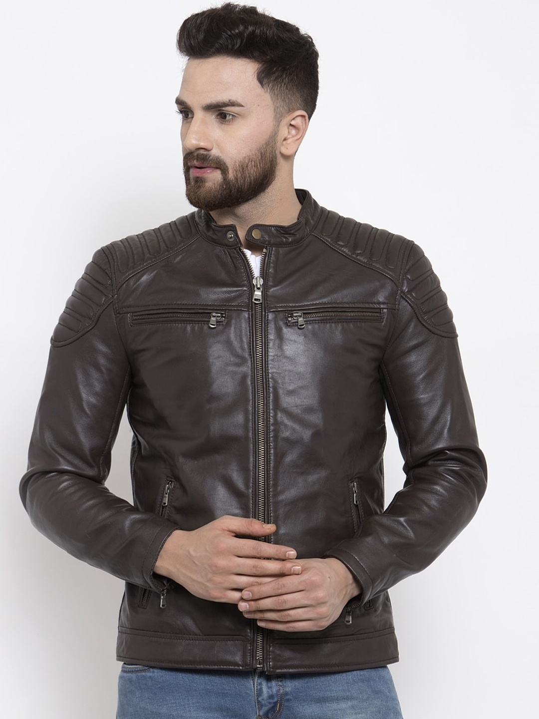 

WELBAWT Men Brown Leather Jacket