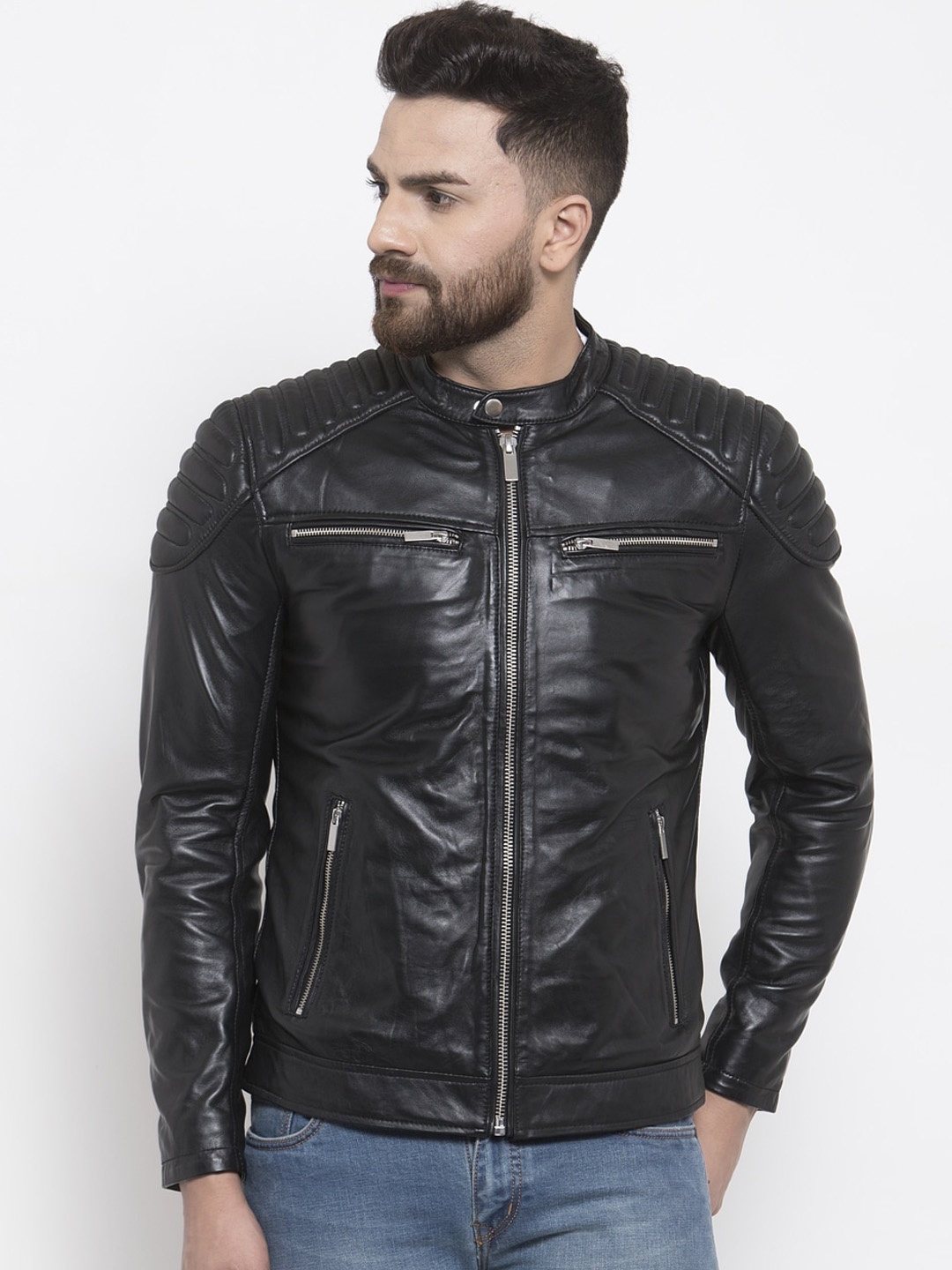 

WELBAWT Men Black Leather Jacket