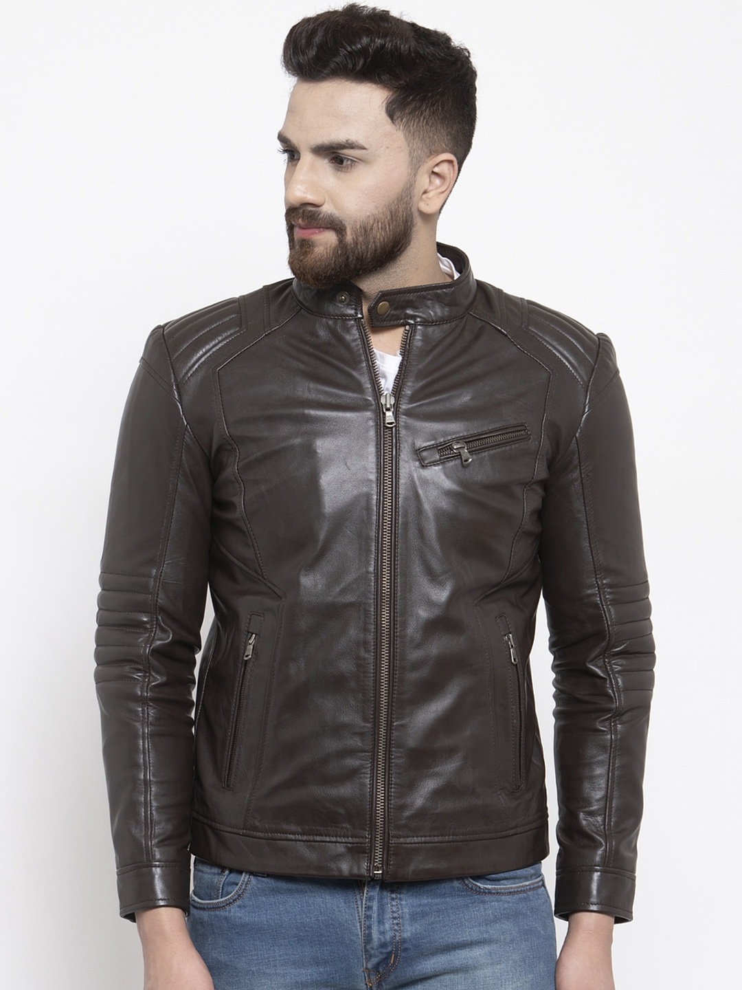 

WELBAWT Men Brown Leather Jacket