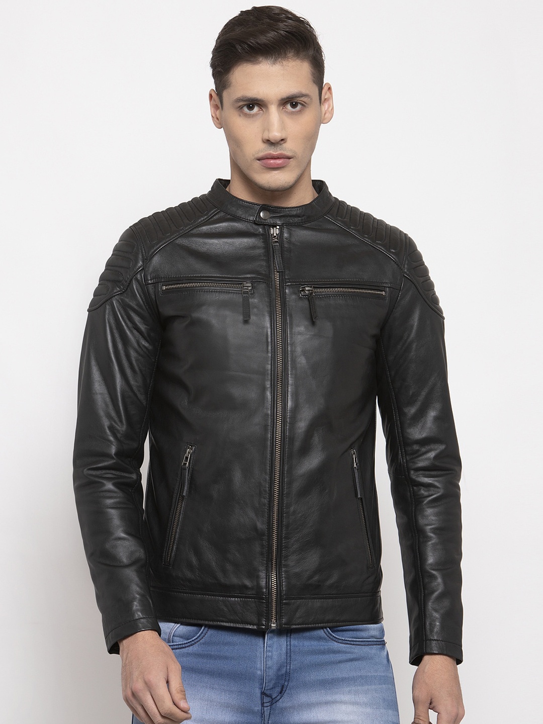 

WELBAWT Men Black Leather Jacket