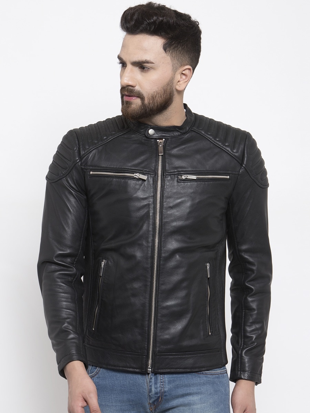 

WELBAWT Men Black Leather Jacket