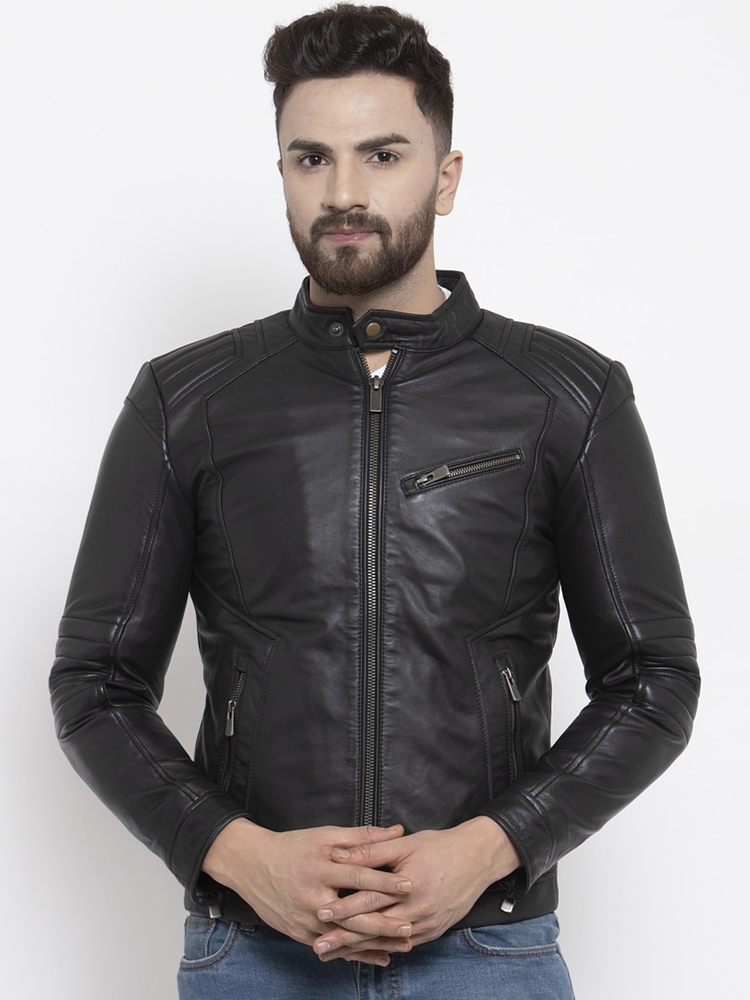 

WELBAWT Men Black Leather Jacket