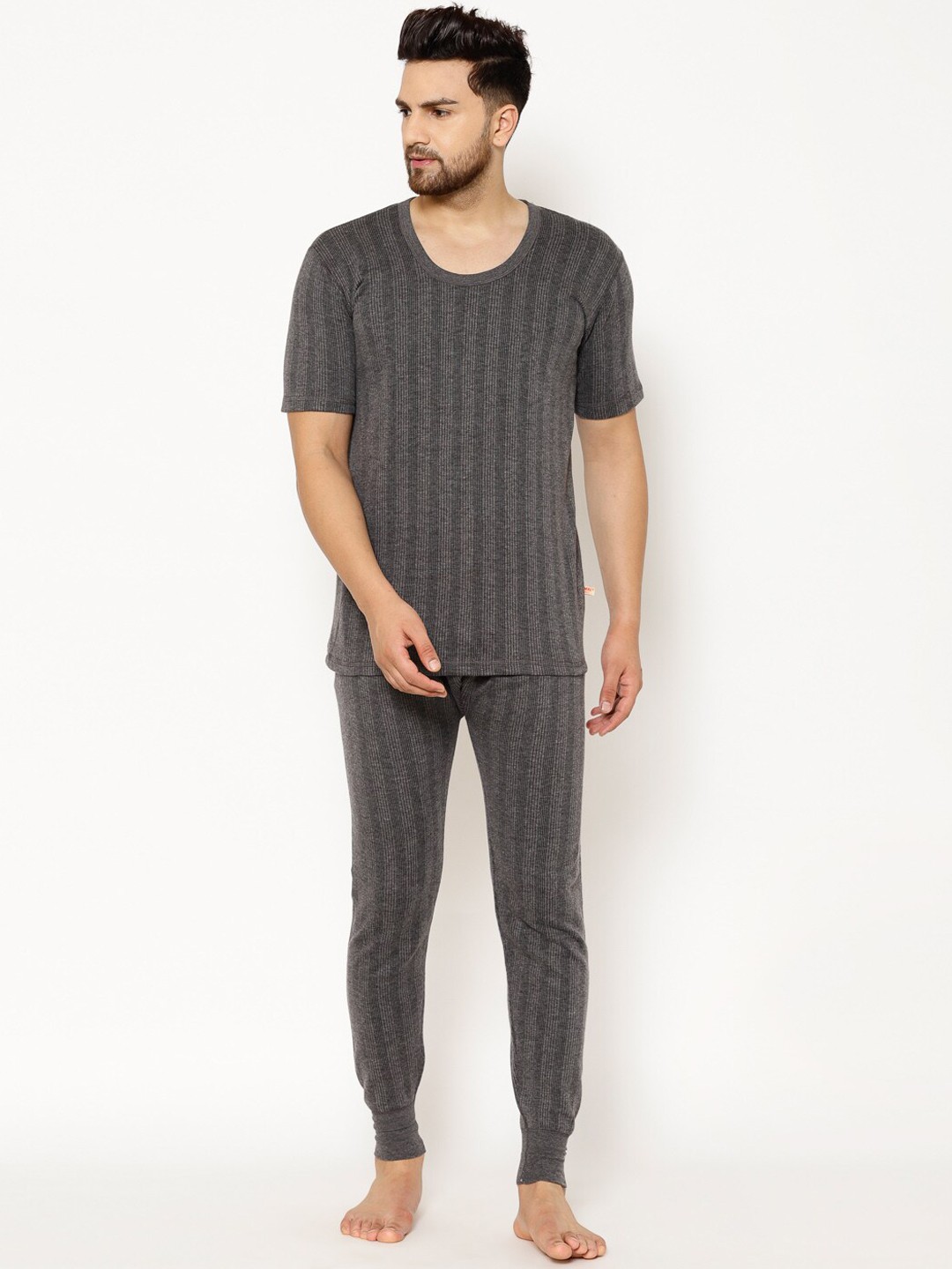 

VIMAL JONNEY Men Charcoal Grey Striped Thermal Set