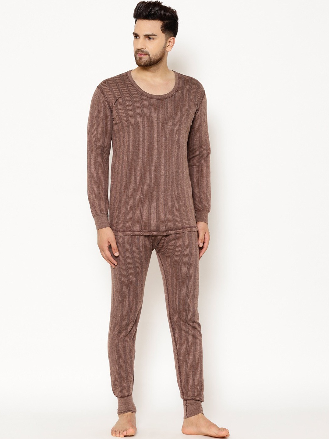 

VIMAL JONNEY Men Coffee Brown Striped Thermal Set