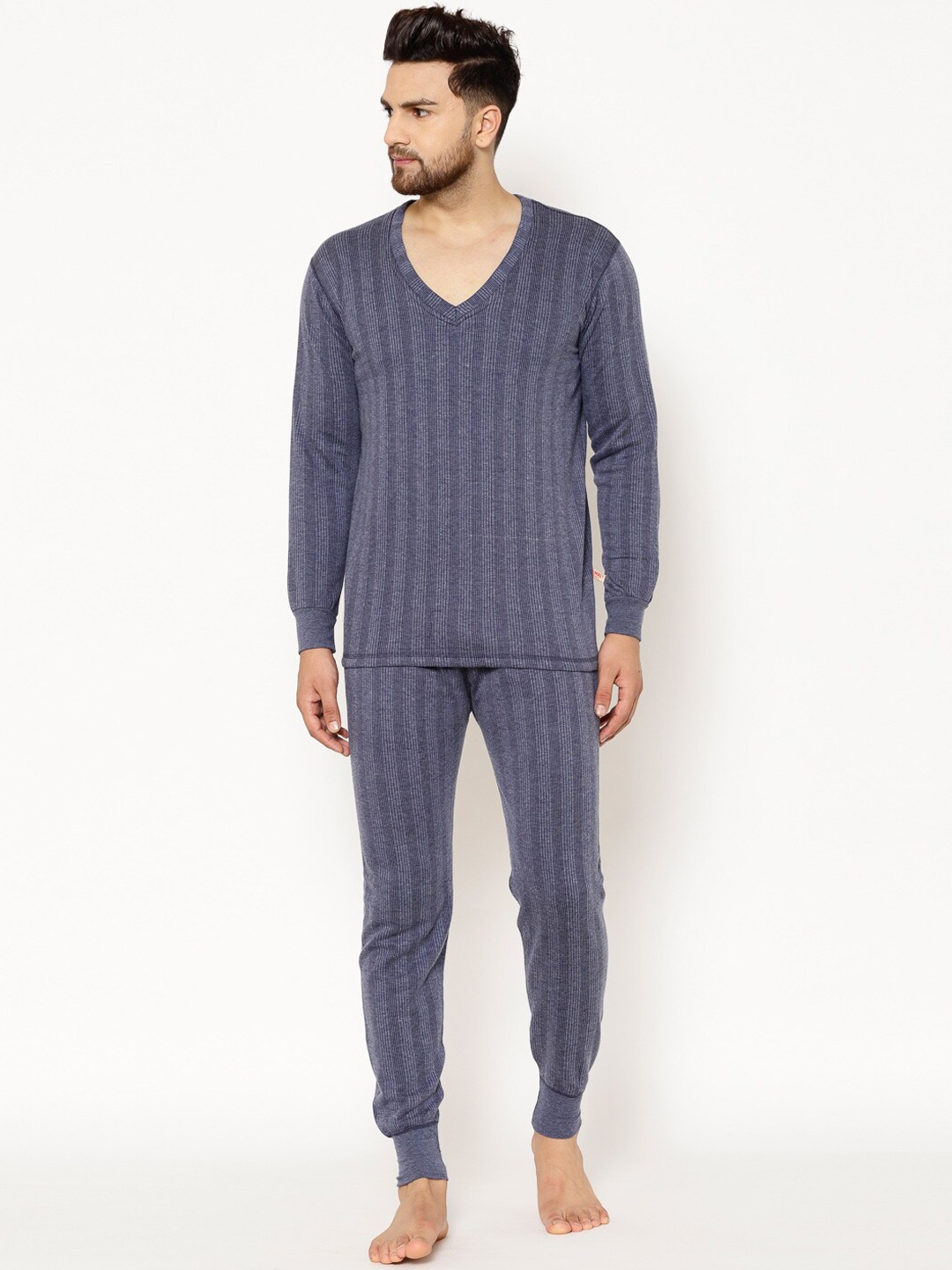 

VIMAL JONNEY Men Navy Blue Striped Thermal Set