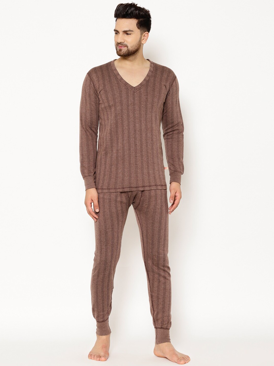 

VIMAL JONNEY Men Coffee Brown Striped Thermal Set