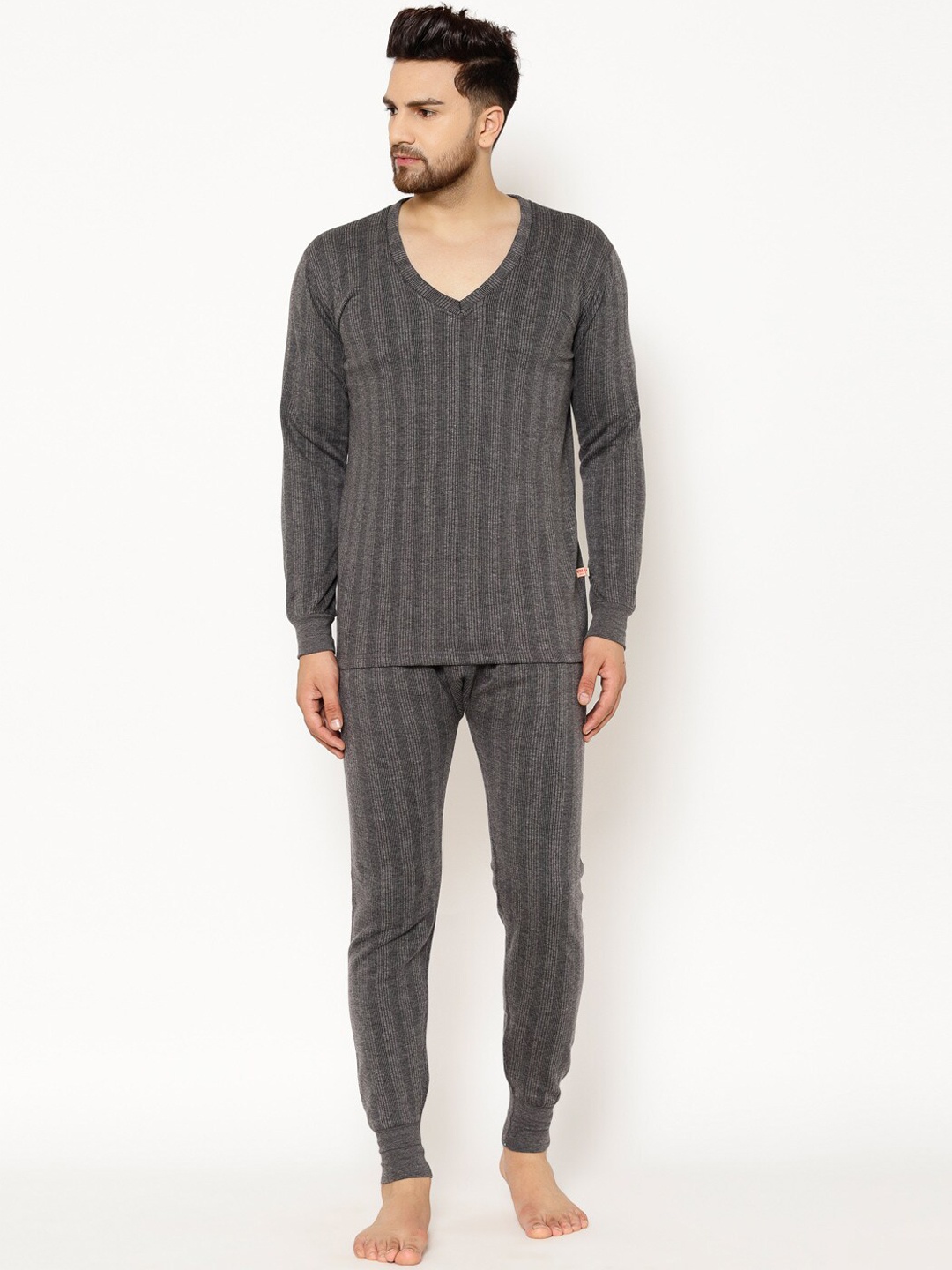 

VIMAL JONNEY Men Charcoal Grey Striped Thermal Set