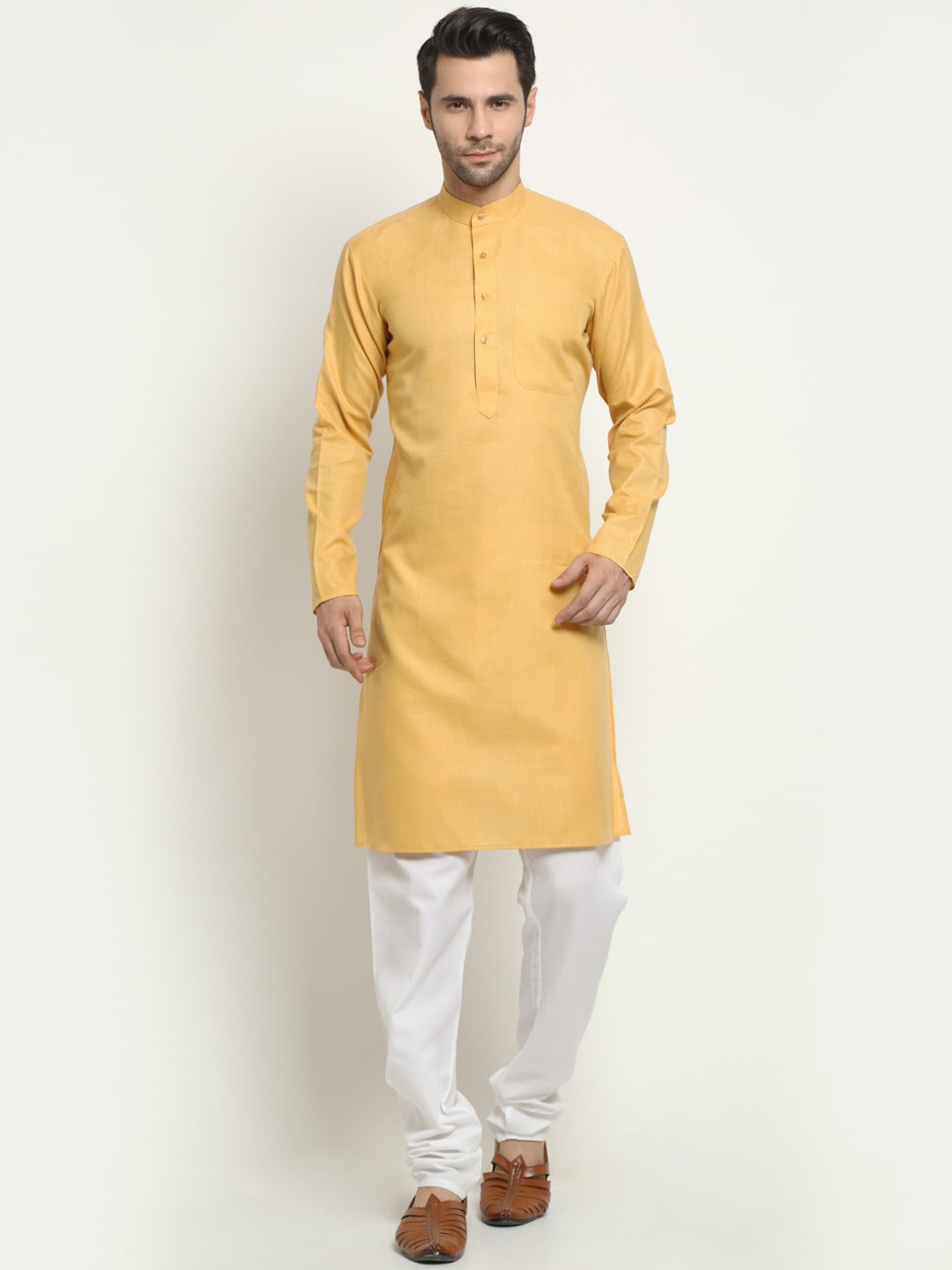 

NEUDIS Men Yellow & White Regular Pure Cotton Kurta with Churidar