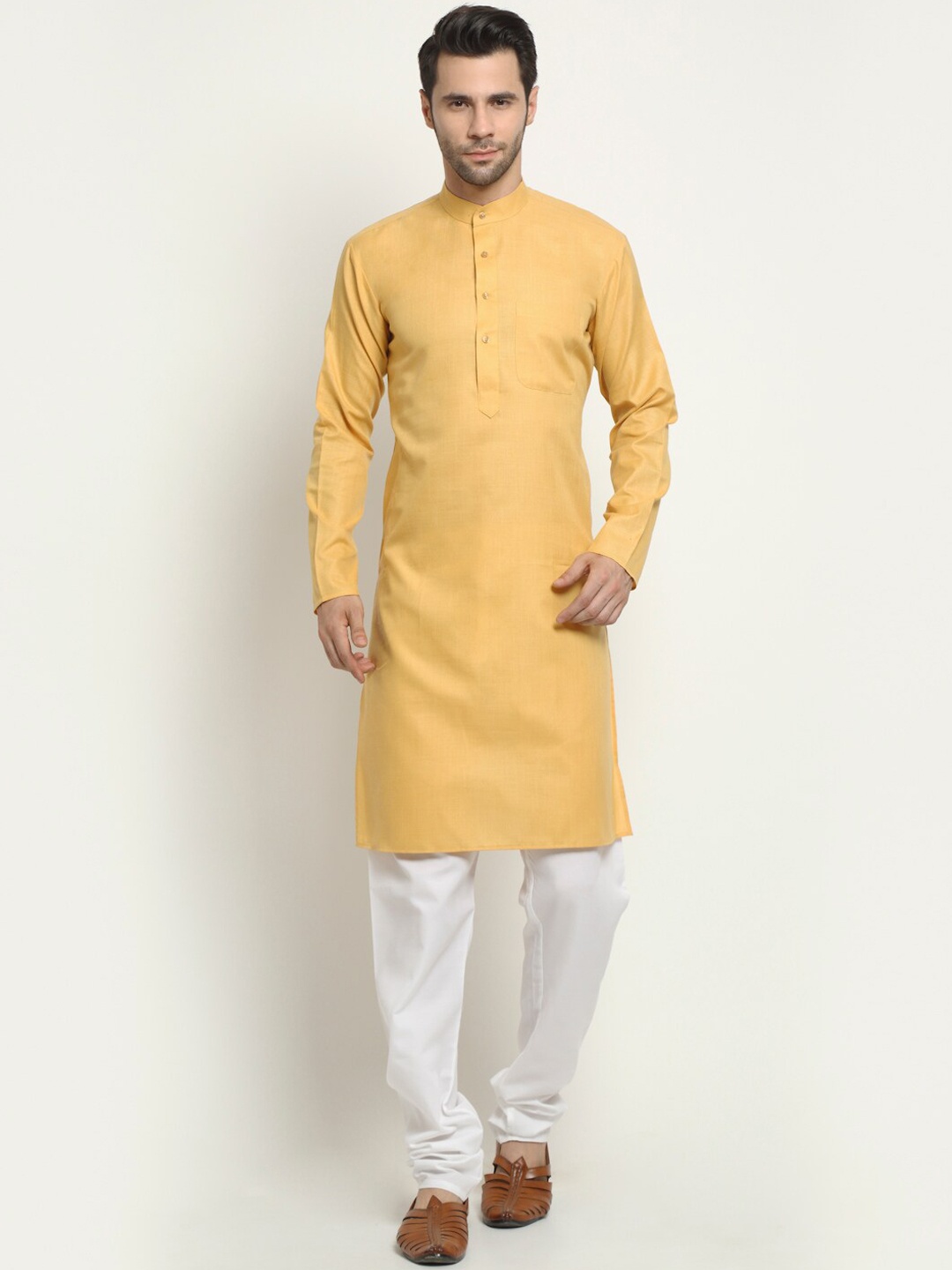 

NEUDIS Men Yellow Solid Cotton Long Kurta