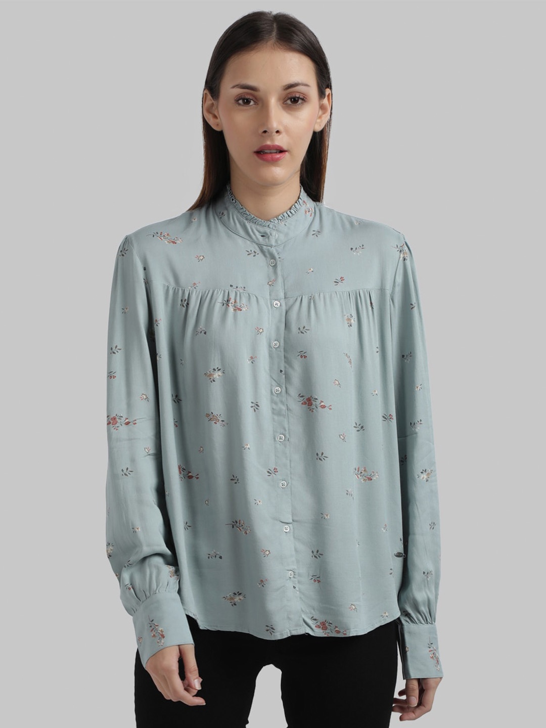 

Parx Grey & Pink Floral Printed Mandarin Collar Shirt Style Top