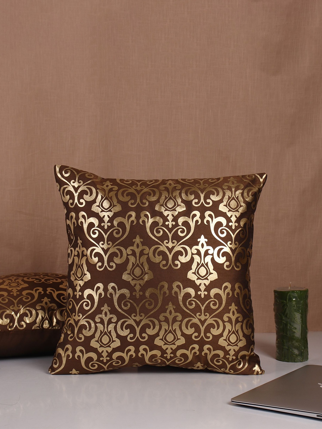 

Molcha Brown & Gold-Toned Set of 2 Ethnic Motifs Foil Printed Square Cushion Covers