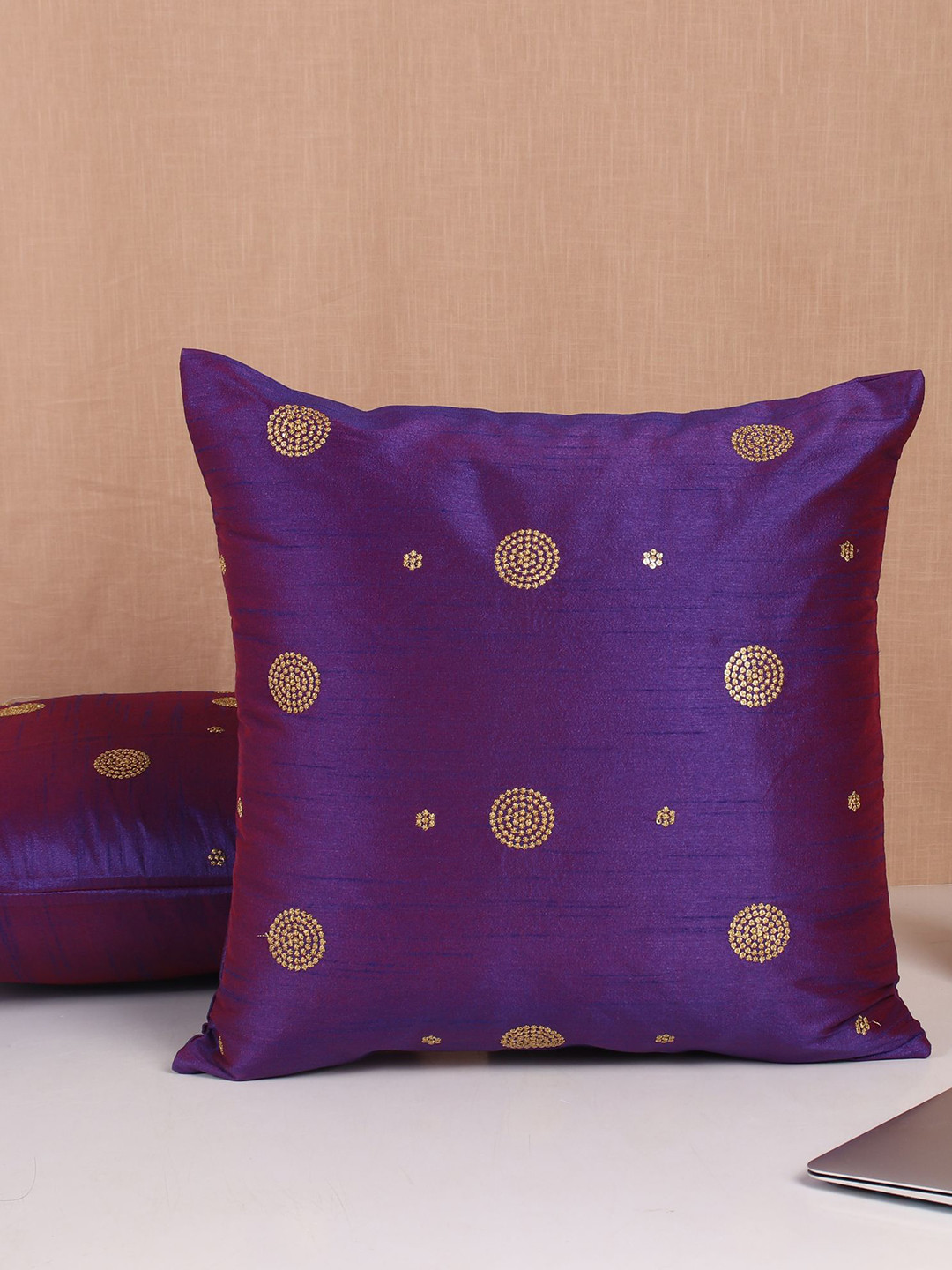 

Molcha Violet & Gold-Toned Set of 2 Ethnic Motifs Sequin Embroidered Square Cushion Covers