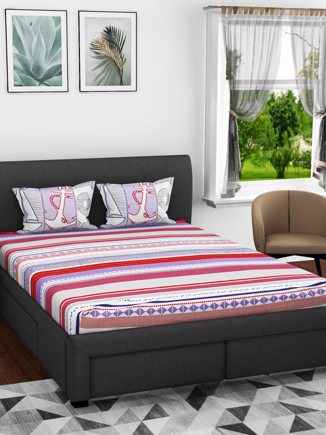 

BIANCA Purple & Pink Striped 144 TC Pure Cotton Queen Bedsheet with 2 Pillow Covers