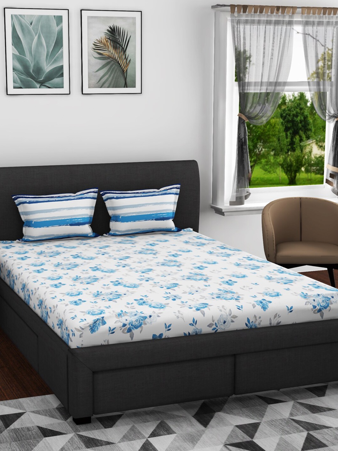 

BIANCA Blue & White Floral 144 TC Pure Cotton Queen Bedsheet with 2 Pillow Covers