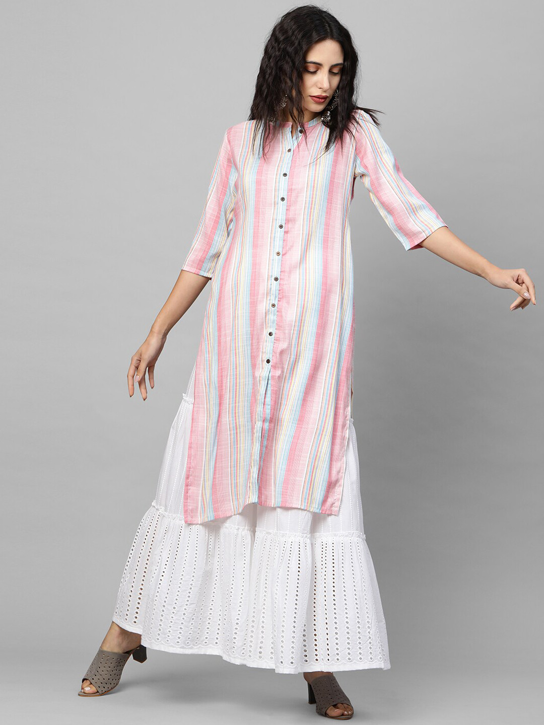 

FASHOR Women Pink & White Striped Kurta