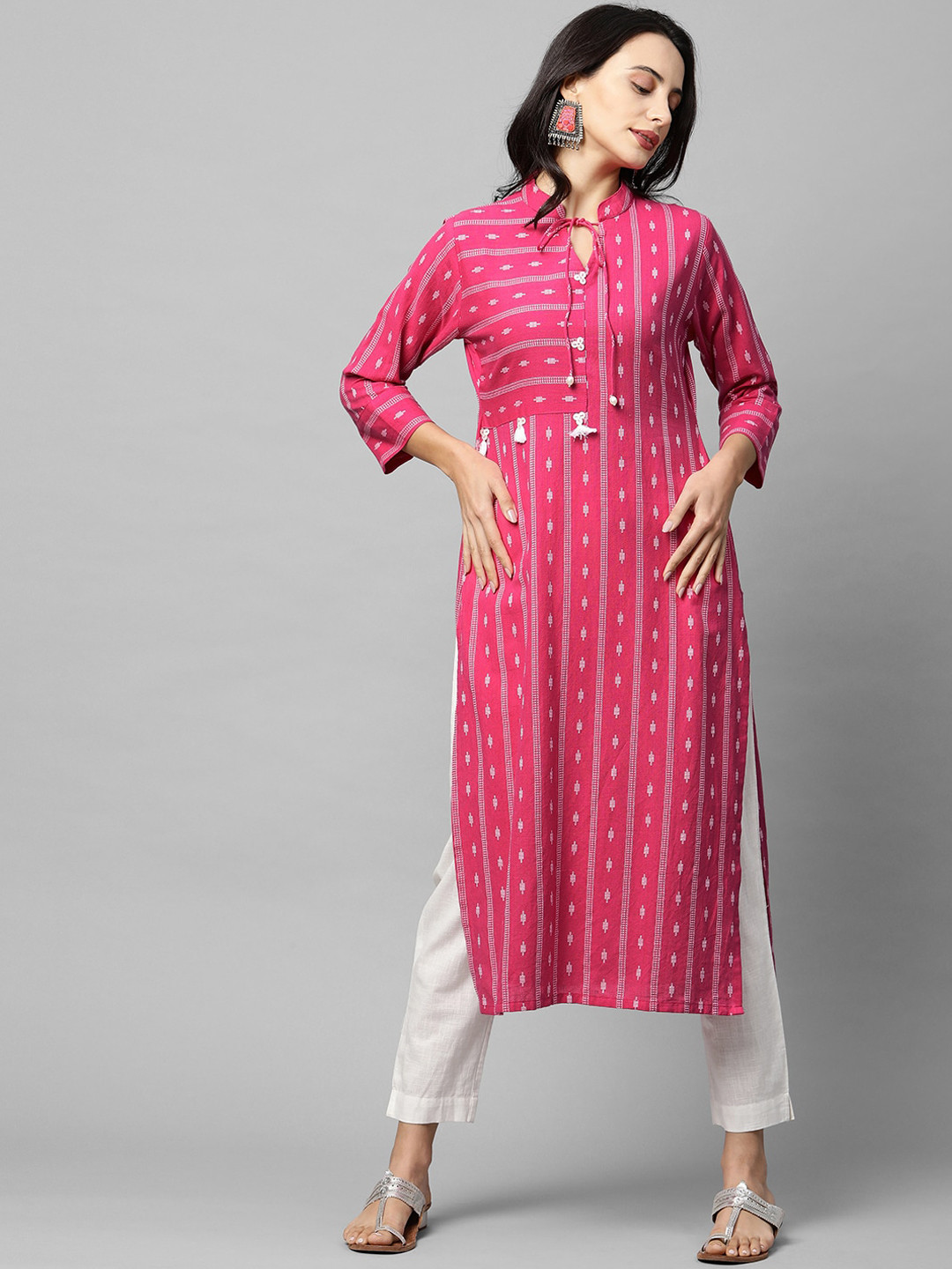 

FASHOR Women Pink & White Geometric Striped Thread Work Kurta