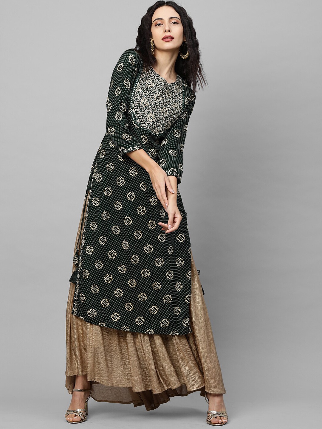 

FASHOR Women Green Ethnic Motifs Printed Keyhole Neck Mirror Work Kurta