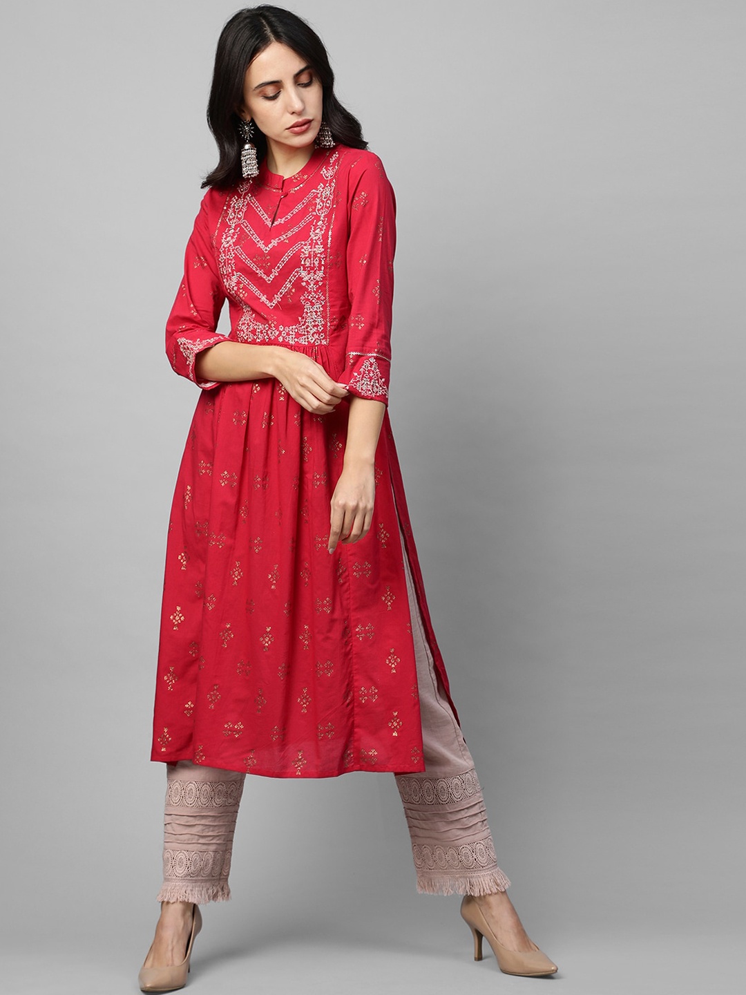 

FASHOR Women Fuchsia & Pink Ethnic Motifs Yoke Design Thread Work Kurta