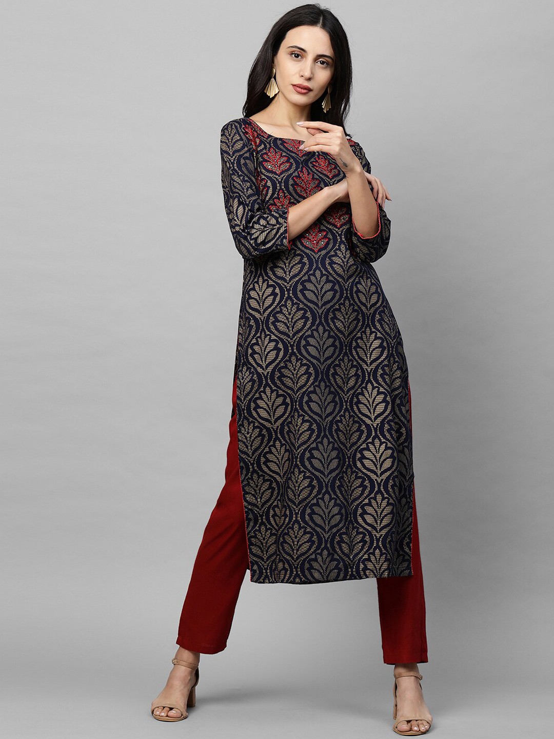 

FASHOR Women Navy Blue & Gold Ethnic Motifs Printed Thread Work Kurta