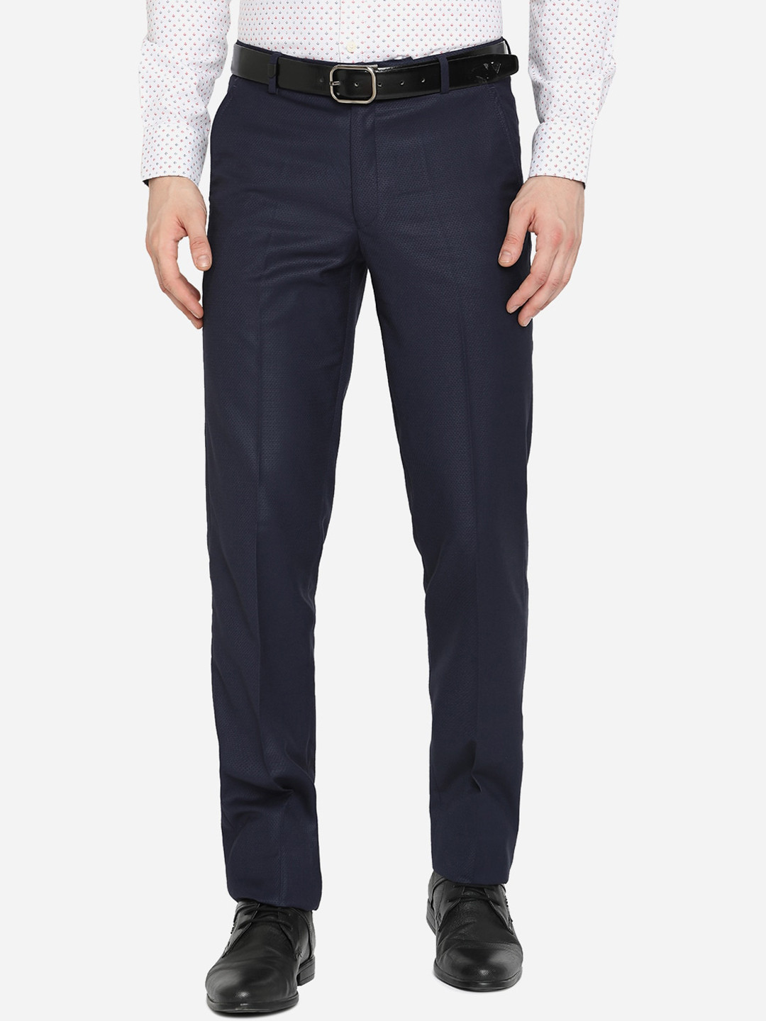 

JB STUDIO Men Navy Blue Textured Slim Fit Formal Trousers