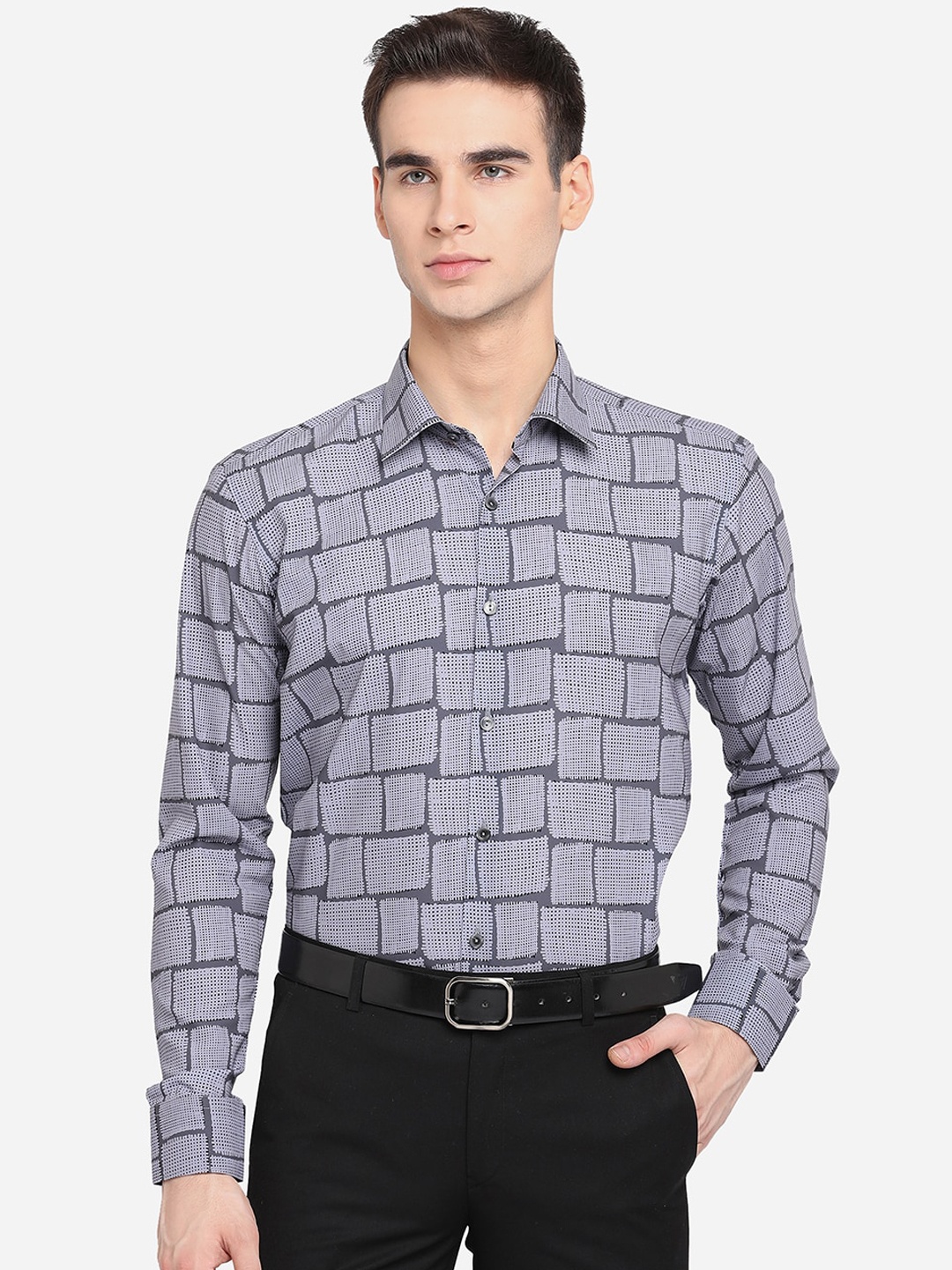 

JB STUDIO Men Grey Pure Cotton Slim Fit Opaque Printed Party Wear Shirt