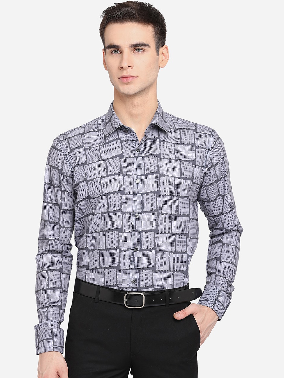 

JB STUDIO Men Grey Slim Fit Windowpane Checks Opaque Checked Casual Shirt