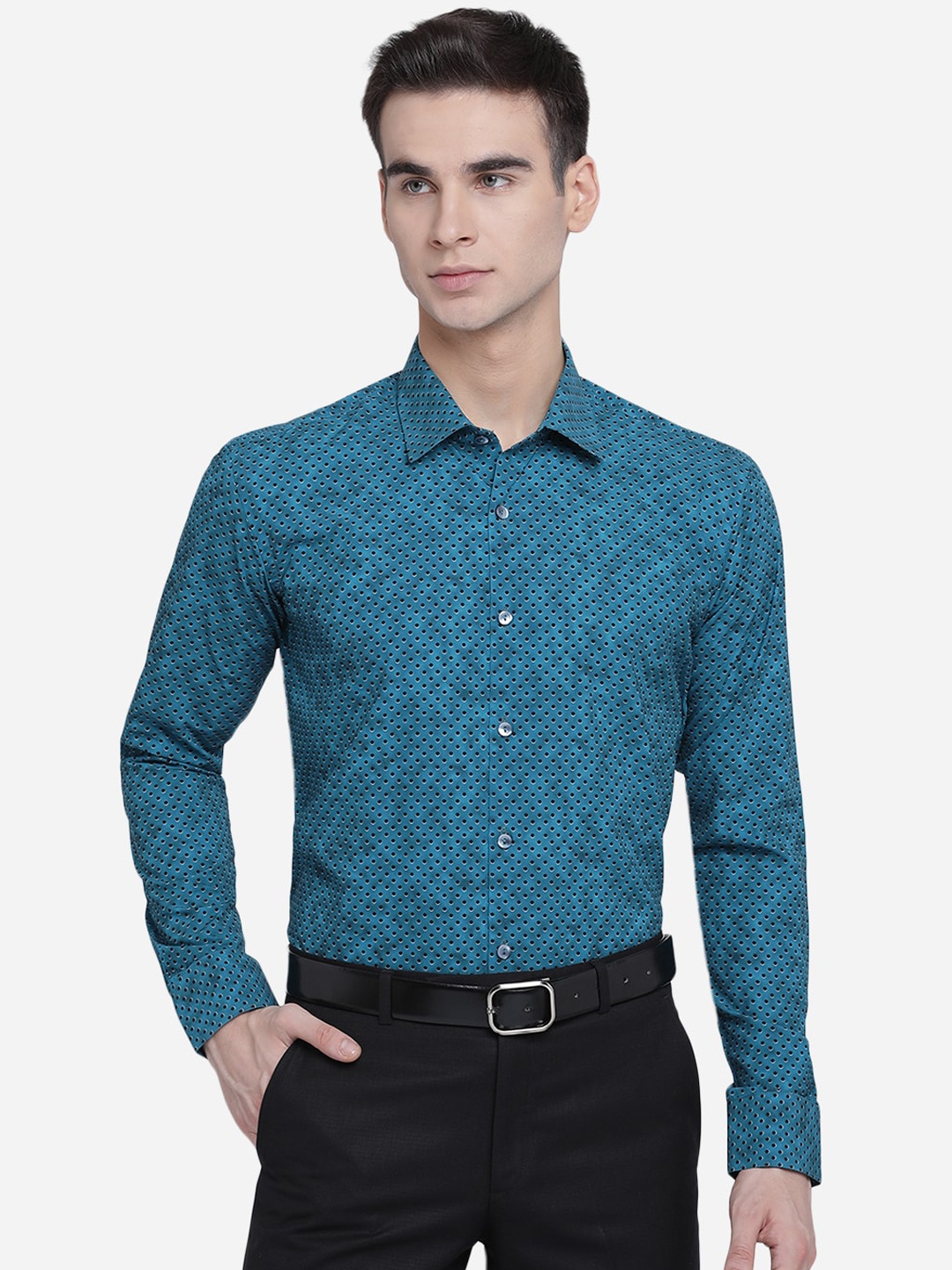 

JB STUDIO Men Blue Pure Cotton Slim Fit Polka Printed Party Wear Shirt