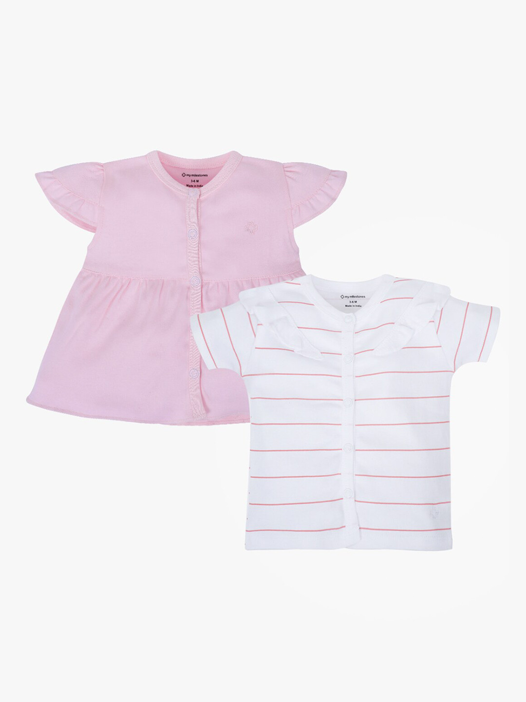 

My Milestones Infants Girls Pack of 2 White & Pink Striped Ruffles Tops