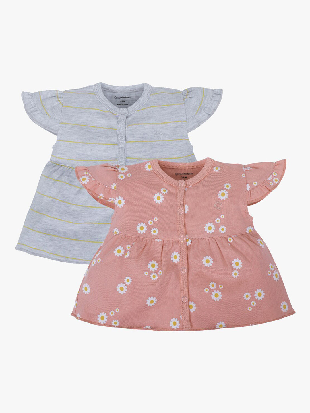 

My Milestones Infants Girls Pack of 2 Peach-Coloured & Grey A-Line Tops