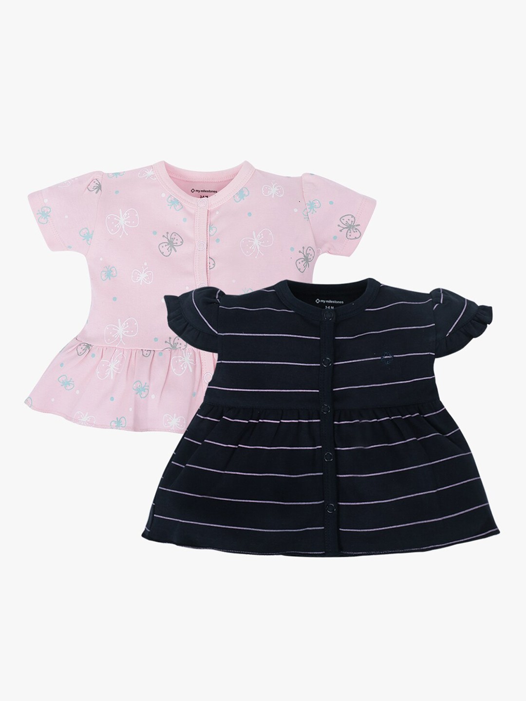 

My Milestones Infants Girls Pack of 2 Pink & Navy Blue Peplum Tops