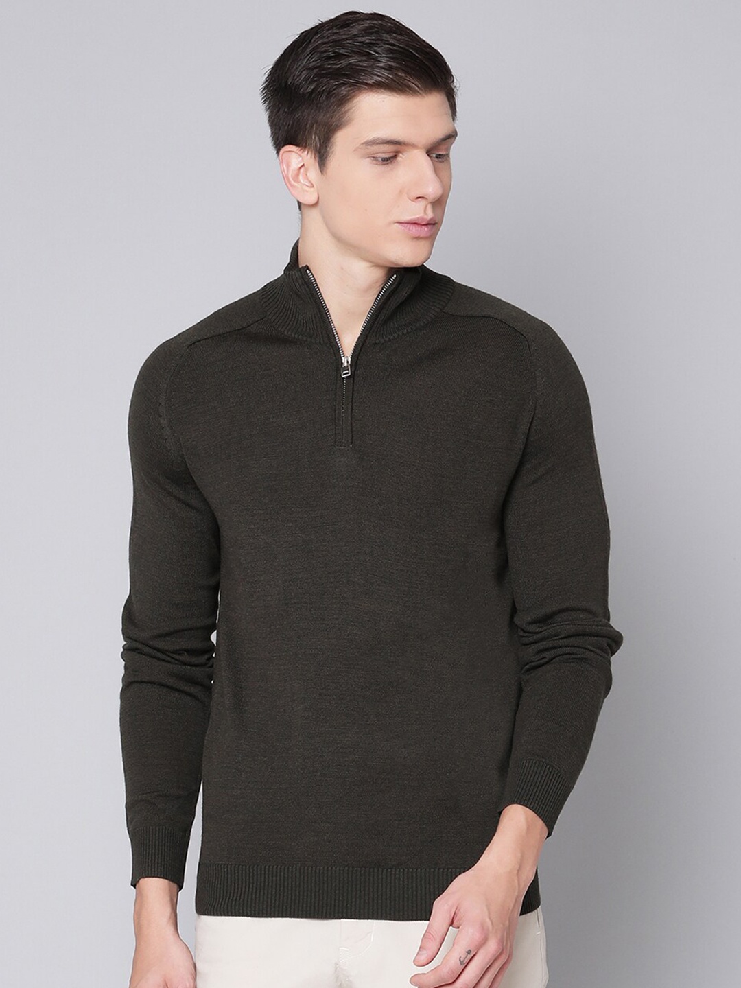 

Bruun & Stengade Men Olive Green Half Zip Pullover