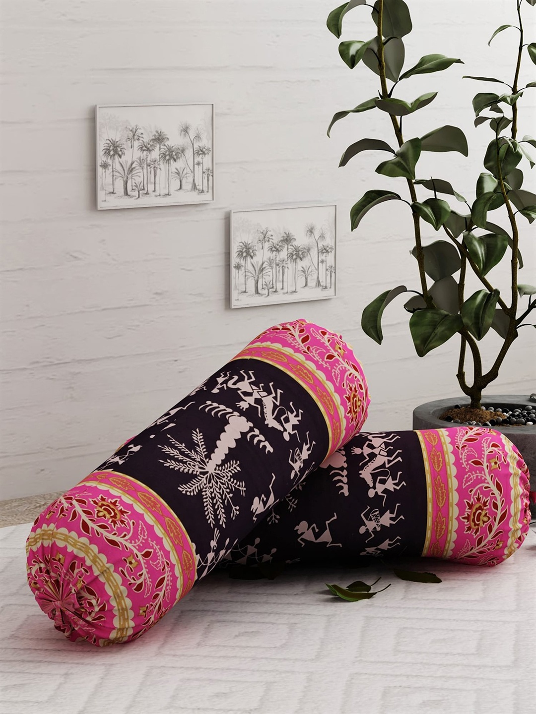 

Salona Bichona Set Of 2 Magenta & Black Printed 120 TC Pure Cotton Bolster Covers