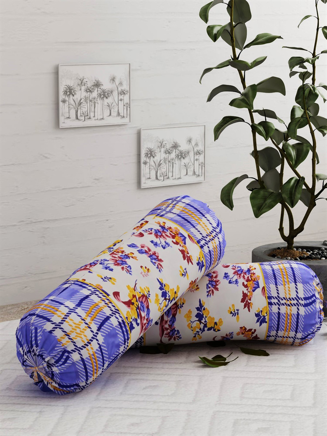 

Salona Bichona Set Of 2 White & Blue Printed Pure Cotton 120 TC Bolster Covers