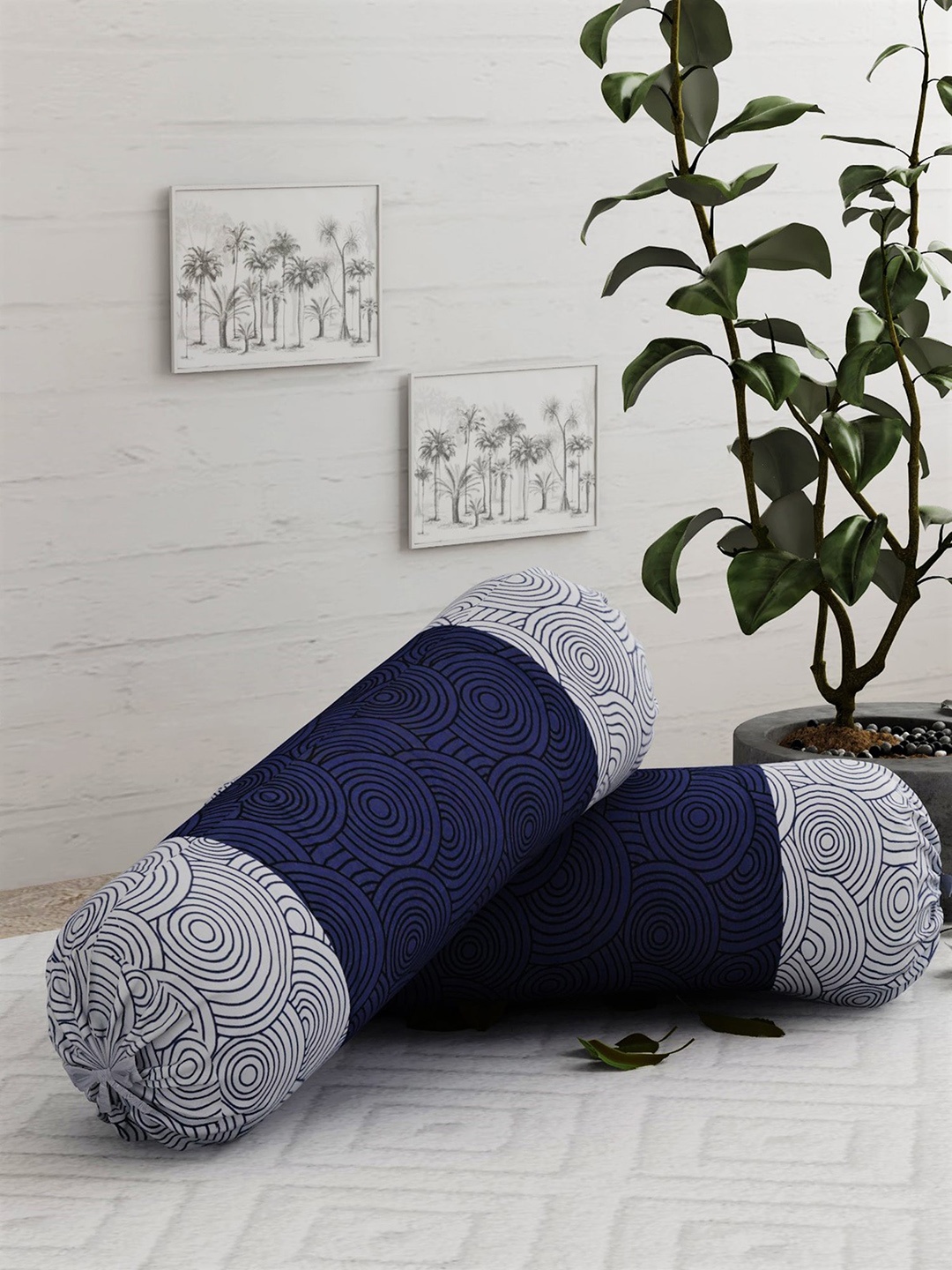 

Salona Bichona Set Of 2 Navy Blue & White Printed Pure Cotton 120 TC Bolster Covers