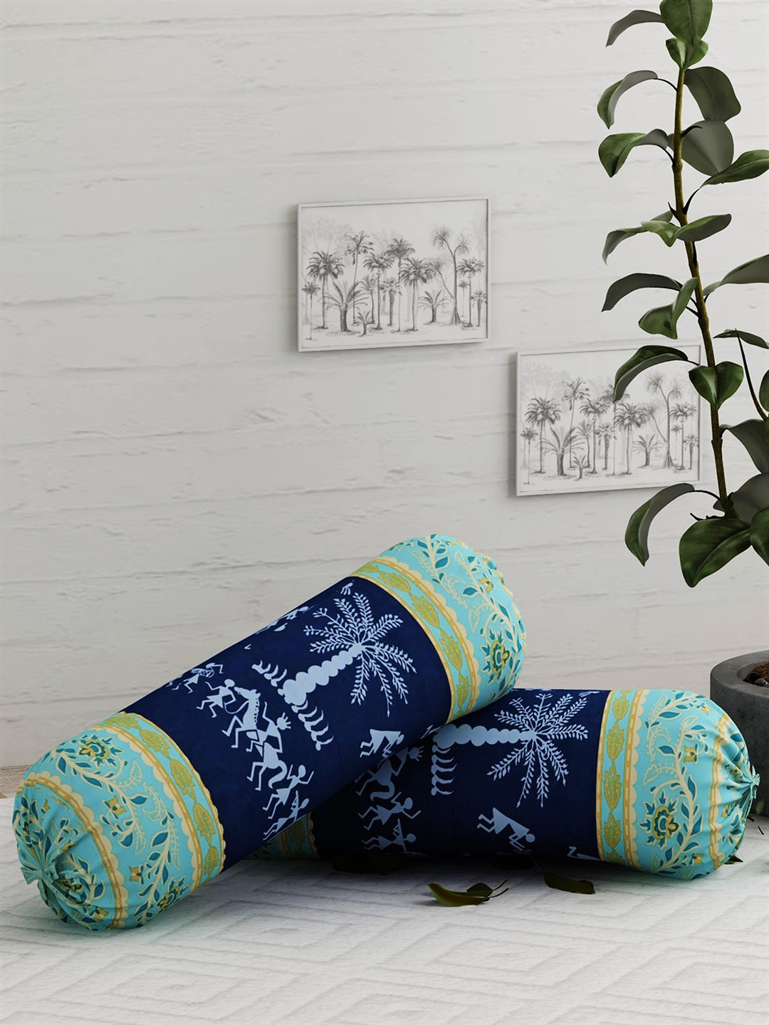 

Salona Bichona Set Of 2 Blue & Yellow Printed Pure Cotton Bolster Cover