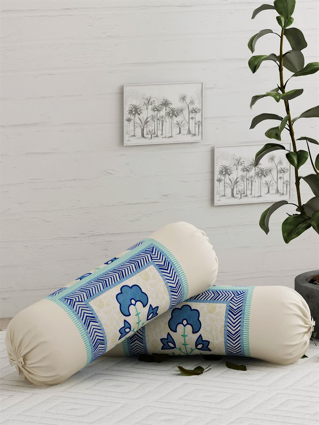 

Salona Bichona Set Of 2 Cream-Coloured & Blue Printed Pure Cotton 120 TC Bolster Covers