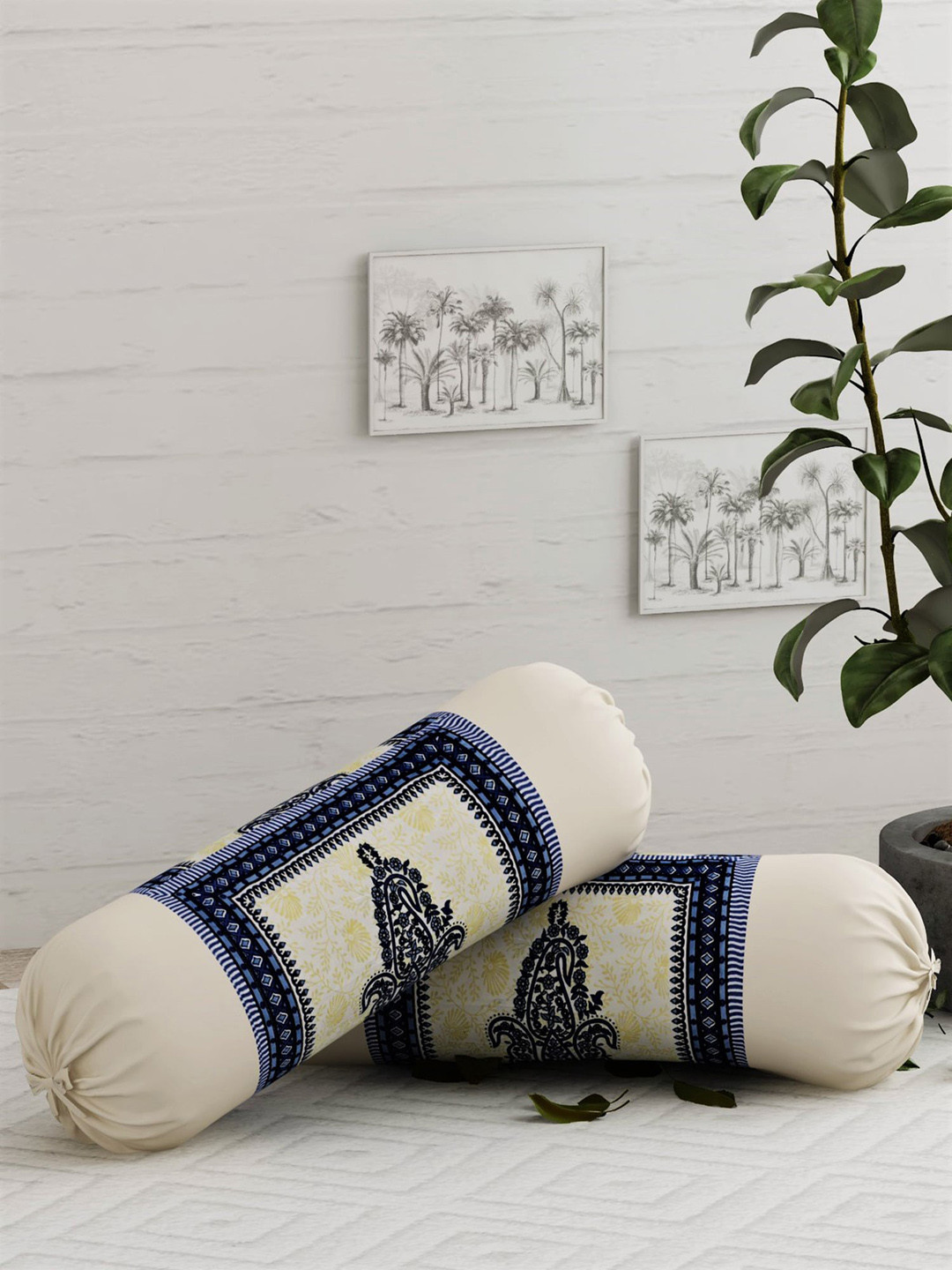 

Salona Bichona Set Of 2 Cream-Coloured & Blue Printed 120 TC Pure Cotton Bolster Covers