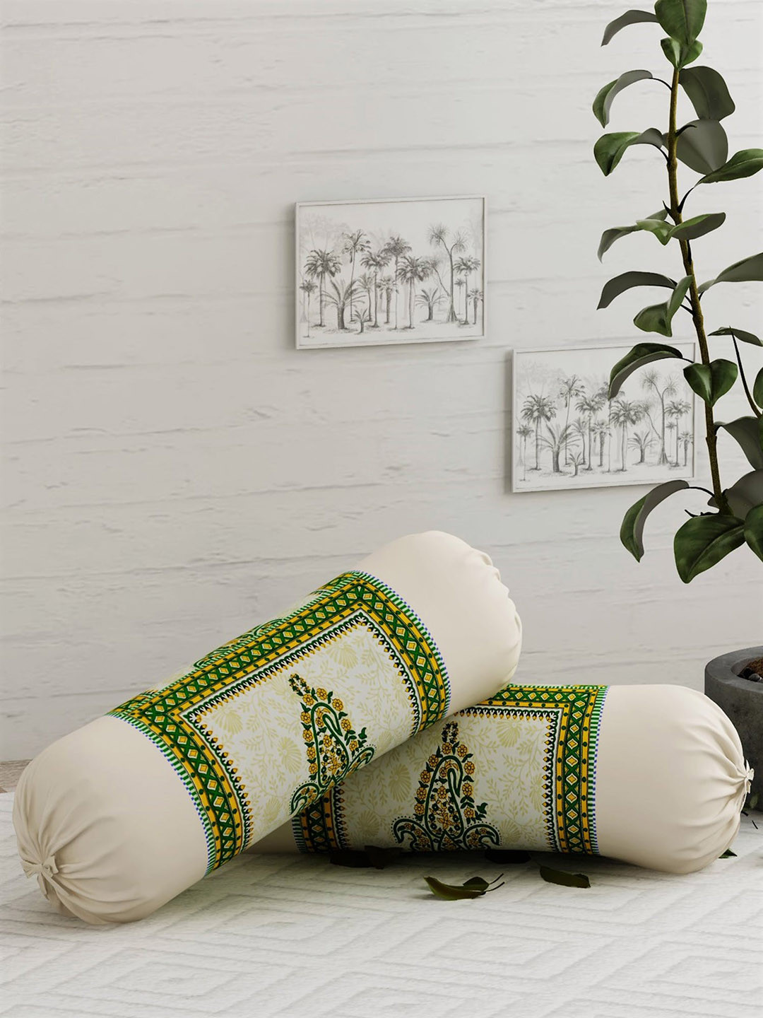 

Salona Bichona Set Of 2 Cream-Coloured & Green Printed 120 TC Pure Cotton Bolster Covers