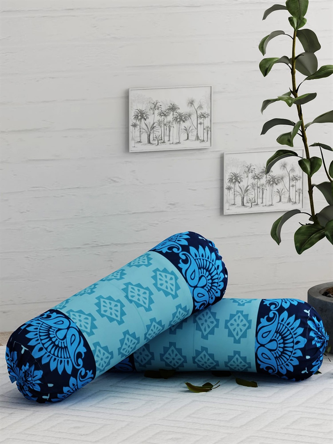 

Salona Bichona Set Of 2 Black & Blue Printed 120 TC Pure Cotton Bolster Covers
