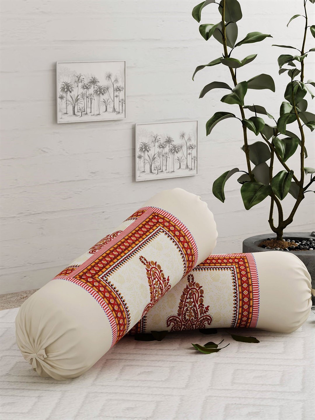 

Salona Bichona Set Of 2 Cream-Coloured & Pink Printed 120 TC Pure Cotton Bolster Covers