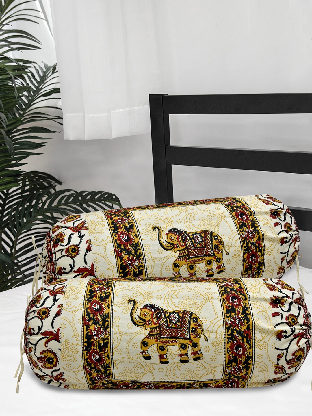 

Salona Bichona Set Of 2 Cream-Coloured & Black Printed 120 TC Pure Cotton Bolster Covers